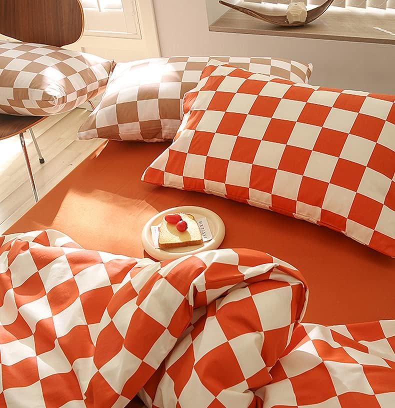 KAREVER Orange White Grid Comforter Set Twin Burnt Orange Plaid Bedding Set Girls Reddish White Checkered Bed Blanket Set Kids Durable Breathable Bedding Comforter Set