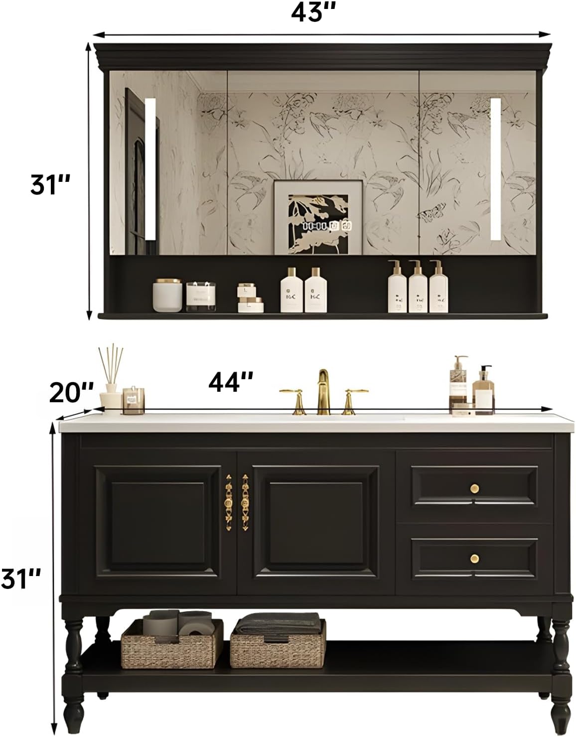 Solid Wood Bathroom Vanity with Sink,Freestanding Bathroom Vanity Large Storage Cabinet & Open Mirror Cabinet,Soft Closing Doors and Drawers, Luxury Bathroom Vanities Set(Black,44")