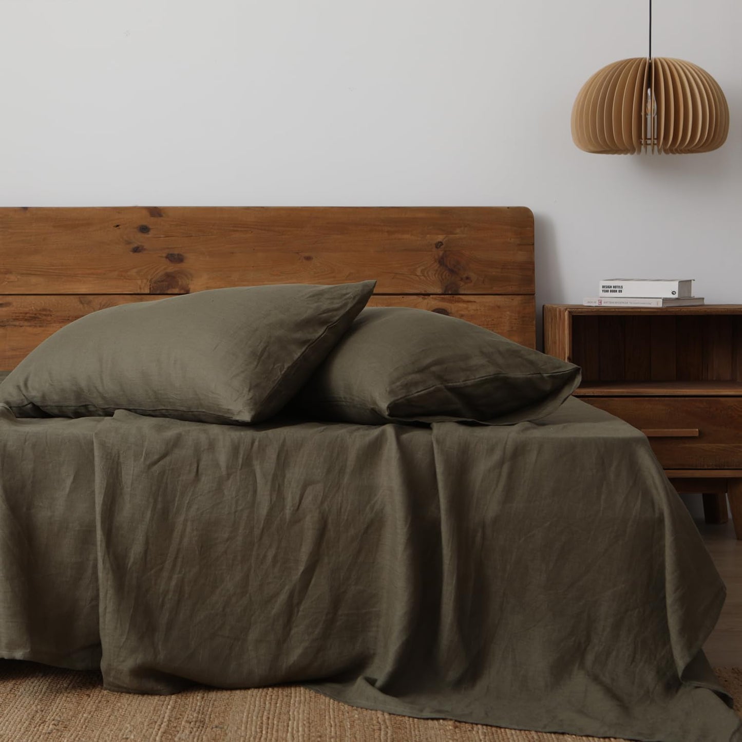 XZ XIFA Linen Pillowcases Queen - Pack of 2-100% Natural Washed French Flax, Breathable, Durable, Textured Envelope Pillowcases - Olive Green, 20'' x 30''