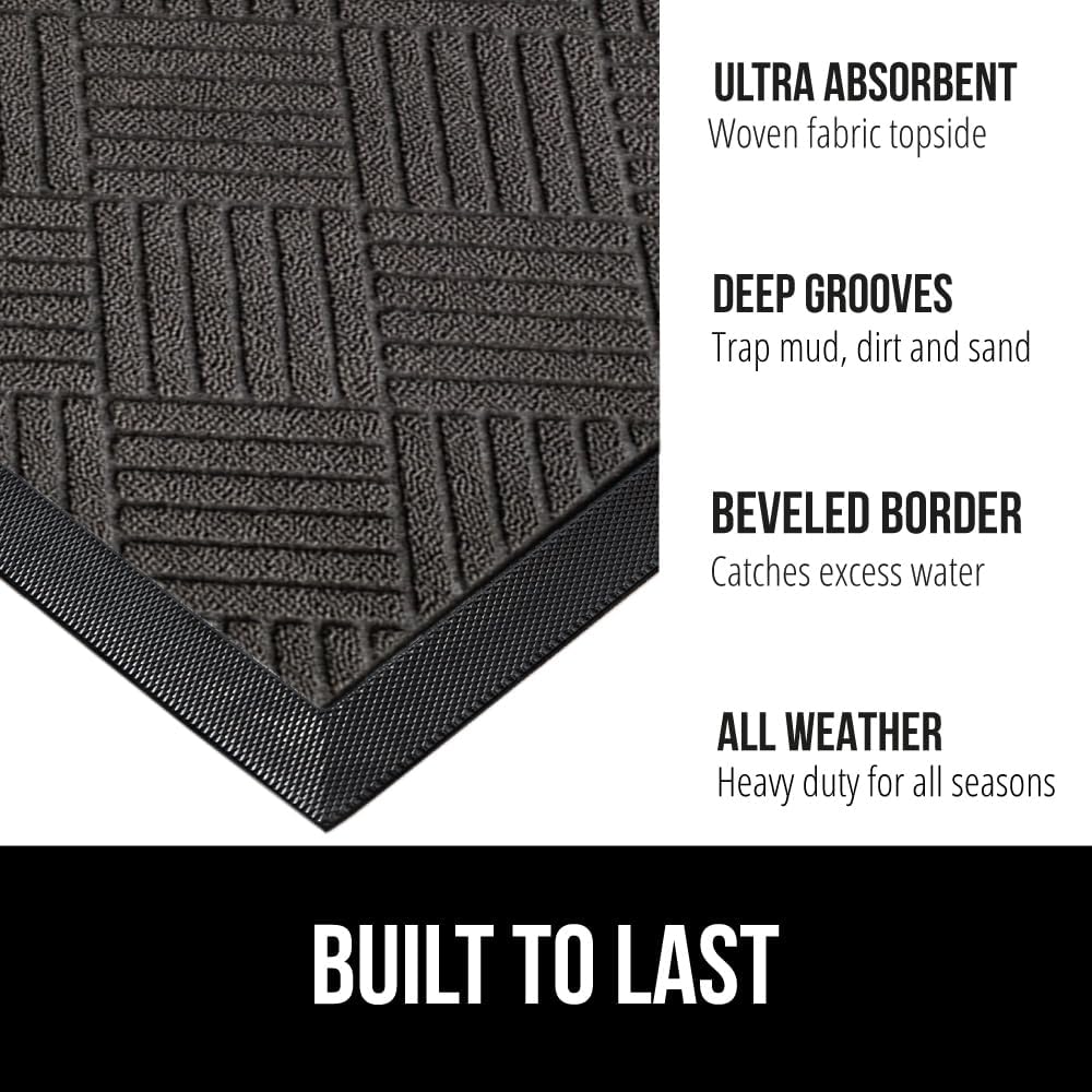 GORILLA GRIP 100% Waterproof All-Season WeatherMax Doormat US Designed Natural Rubber, Stain Fade Resistant, Low Profile Indoor Outdoor Door Mats, Easy Clean, 17x29 Gray Diamond