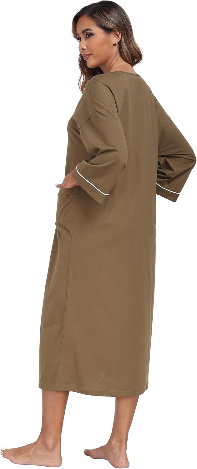 ANLIQI Women's 100% Cotton Robes Long Zipper Front House coats 3/4 Sleeve Bathrobes Lightweight Full Length Robe with Pockets