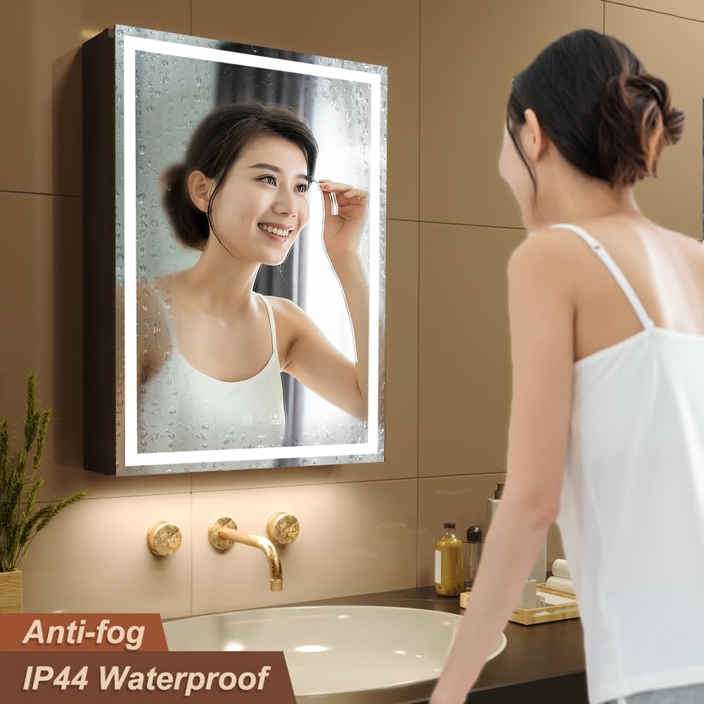 KWW LED Lighted Bathroom Medicine Cabinet with Sockets & USBs, Defogger, Dimmable, 3 Color Light Makeup Mirror, Easy to Install, Wall Mounted Cabinet (Left Hinge, 20 * 28)