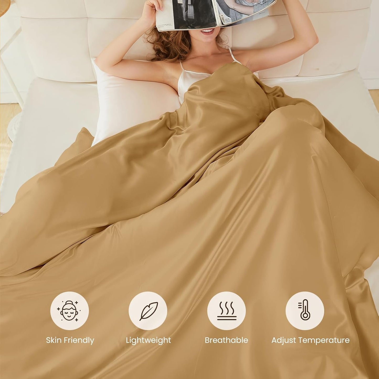THXSILK 100% Pure Mulberry Silk Duvet Cover Set 3 Piece, 6A+ Grade Luxury Soft Bedding Silk Sheets for Hair and Skin, 1 Pcs Quilt/Comforter Cover with 2 Zippered Pillowcases (Metallic Gold, King)
