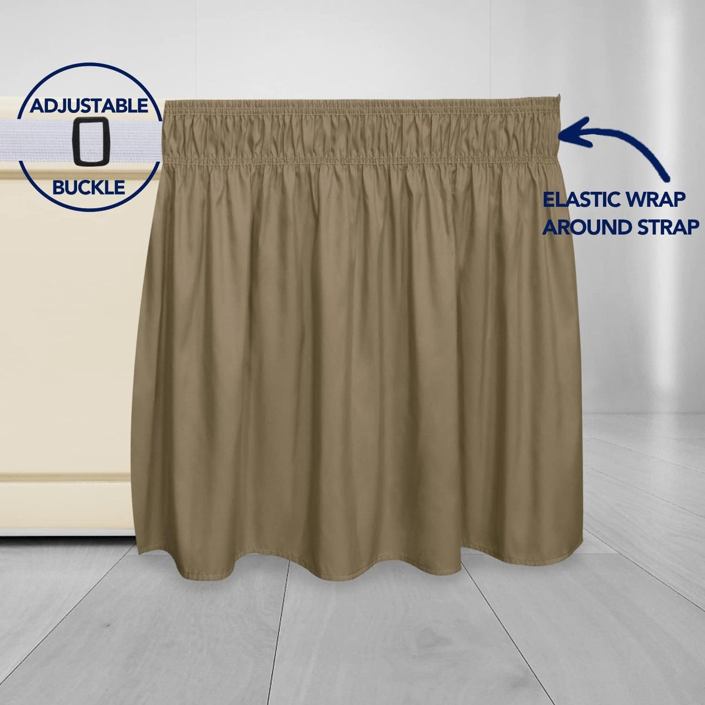 PureFit Wrap Around Ruffled Bed Skirt with Adjustable Elastic Belt - 14 Inch Drop Easy to Put On, Wrinkle Free Bedskirt Dust Ruffles, Bed Frame Cover for Twin, Twin XL and Full Size Beds, Camel