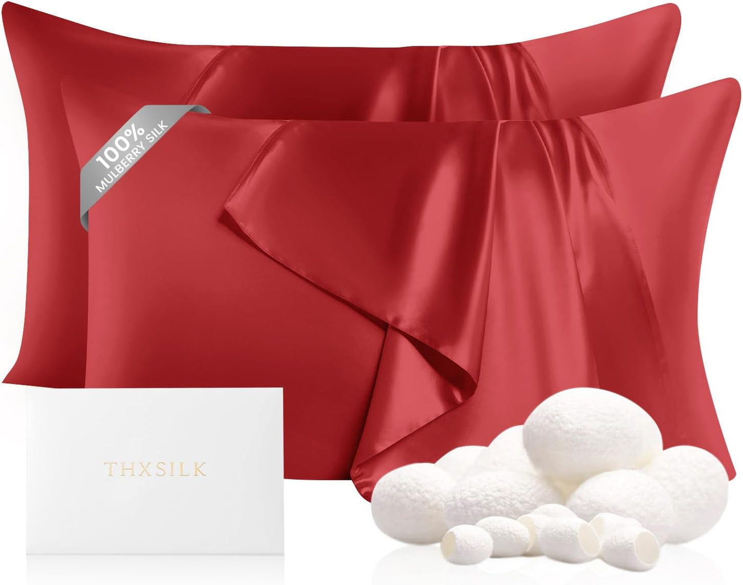 THXSILK Set of 2 100% Pure Mulberry Silk Pillowcases for Hair and Skin, 22 Momme Zipper Silk Pillow Case Standard Size, Real Silk Pillowcases with Zipper, Anti Aging Acne Free (Red, Queen 20"x30")