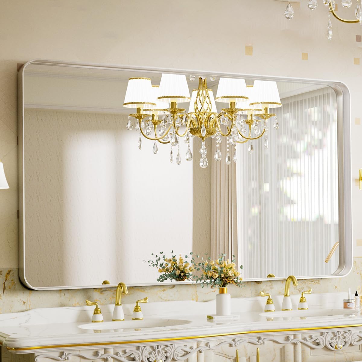 VooBang Bathroom Mirror 30x48 inch, Silver Gorgeous Deep Frame Wall Mirror, Modern Round Corner Bathroom Vanity Mirror for Bedroom, Living Room, Hanging or Leaning Horizontal or Vertical, Silver