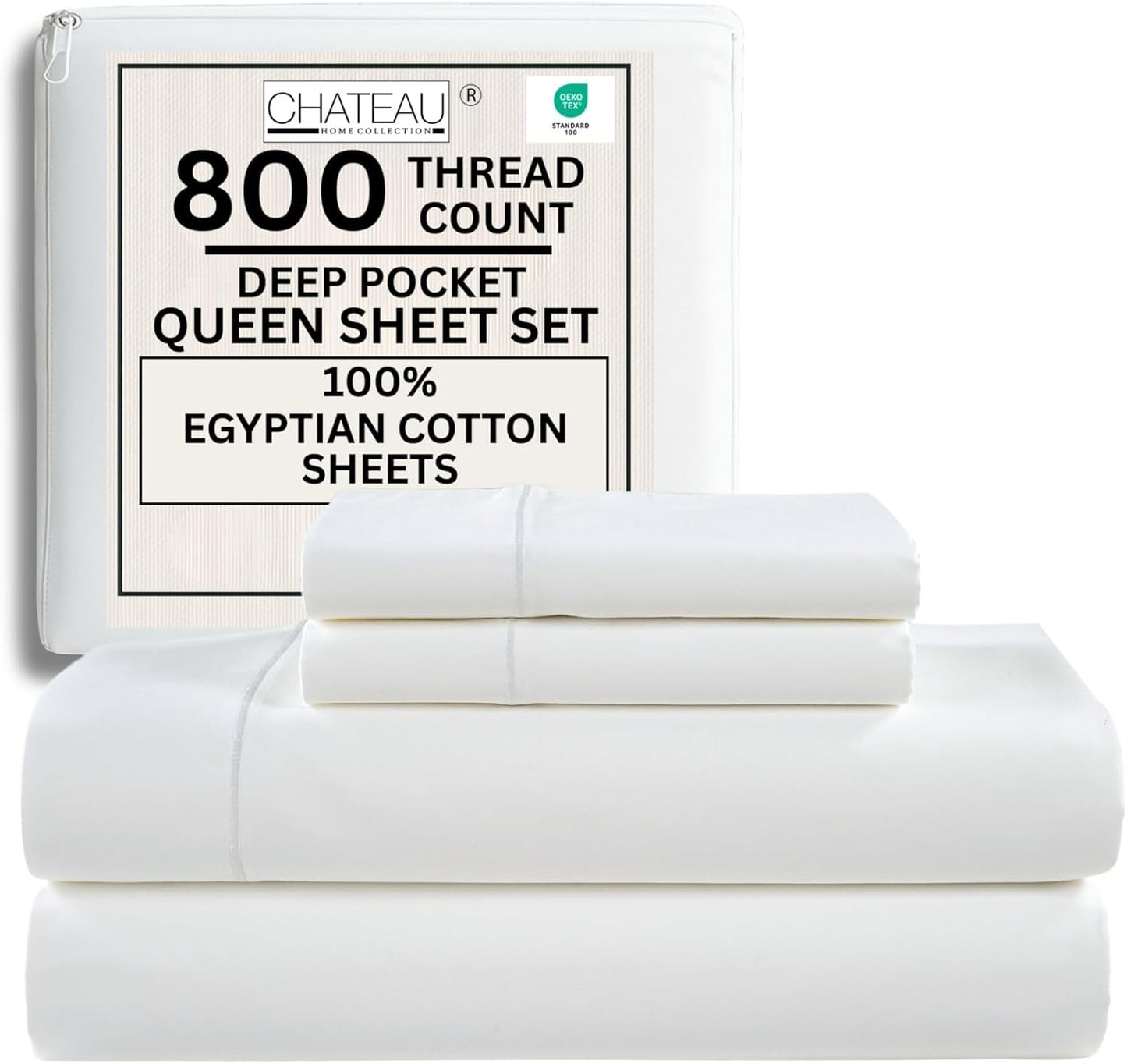 100% Egyptian Cotton Sheets Queen Size Bed Set, Deep Pocket Queen Sheet set, 800 Thread Count Cotton Bed Sheets, Naturally Cool Soft Breathable No Pill Elasticated Luxury White Bedding For All Seasons