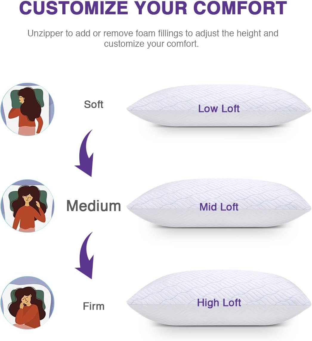 Cooling Pillows Queen Size Set of 4, Shredded Memory Foam Pillows with Zipper, Adjustable Firmness for Sleeping Cool Cold Pillow for Hot, Side Sleepers,20x30,4 Pack