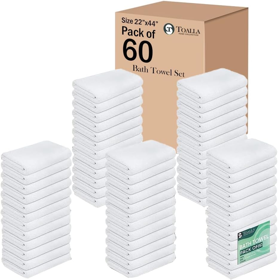 100% Cotton Bath Towel Set Pack of 60|500 GSM|Soft Large Bath Towel|Super Absorbent|Quick Dry|Ideal for Pool Home Gym Spa Hotel|Perfect for Daily Use|Bath Towel Set 24 x 44 Inches|White