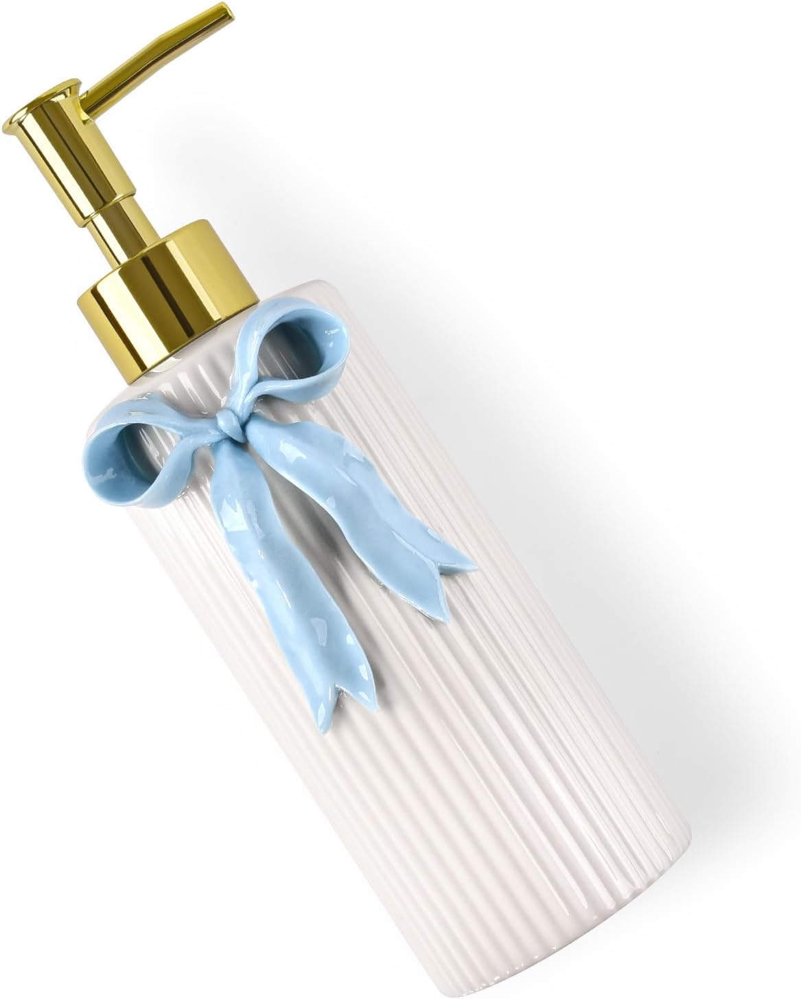 Handmade Ceramic Bow Soap Pump Dispenser Hand Lotion Liquid Dispenser Refillable for Kitchen and Bathroom Decorative (Ribbon Blue)