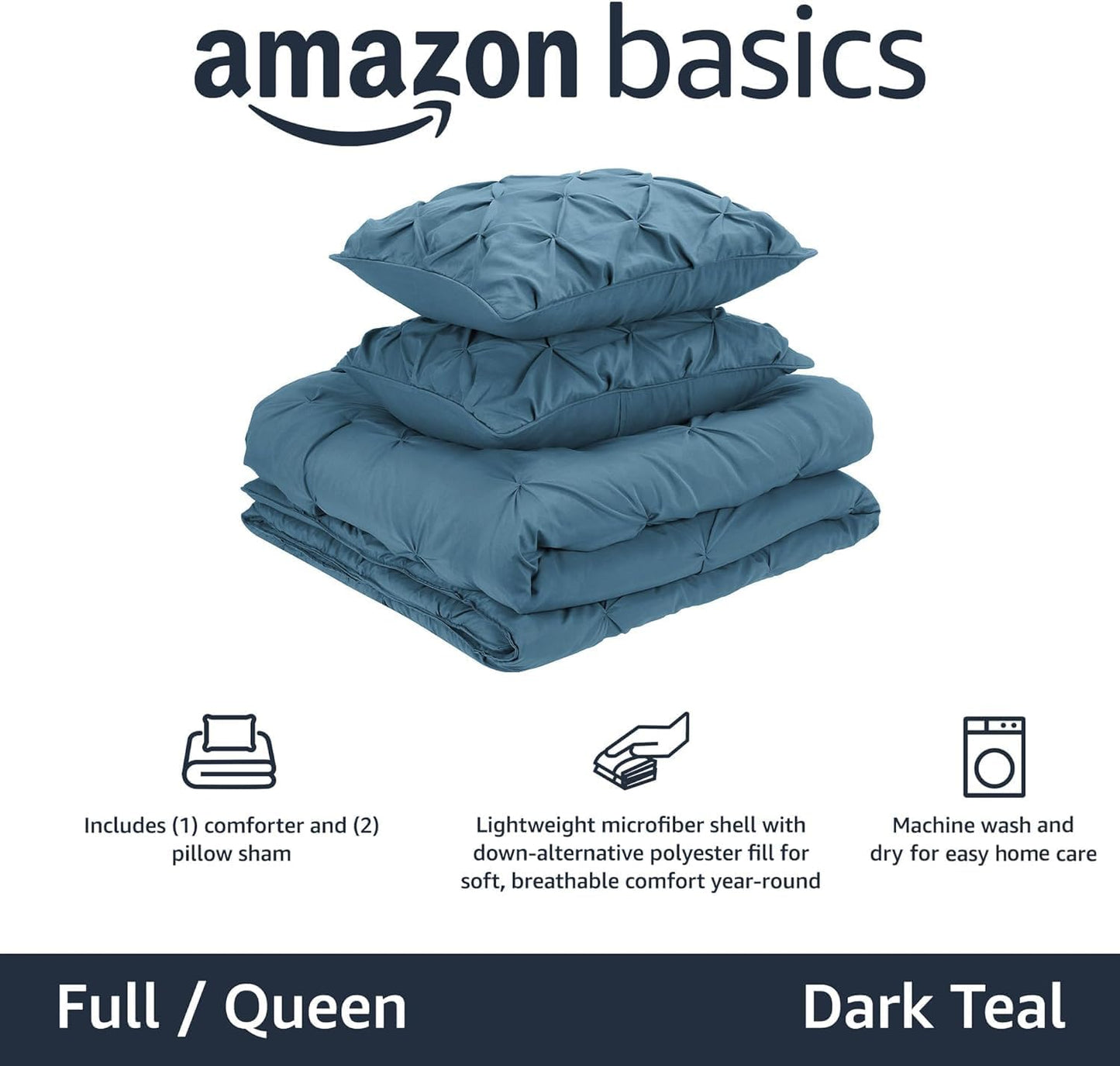 Amazon Basics Queen Size Comforter Sets with Microfiber Pillow Shams, All-Season Down-Alternative 3-Piece Bedding Set, Pinch Pleat Design, Full/Queen Size, Dark Teal