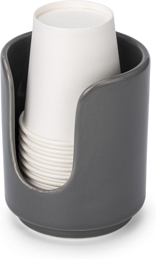 3 oz Original Ceramic Bathroom Cup Dispenser with 5 PLA Paper Cups, Bathroom Essential Accessories for Mouthwash Holder on Bathroom Vanity Countertops (1 Pack, Grey)