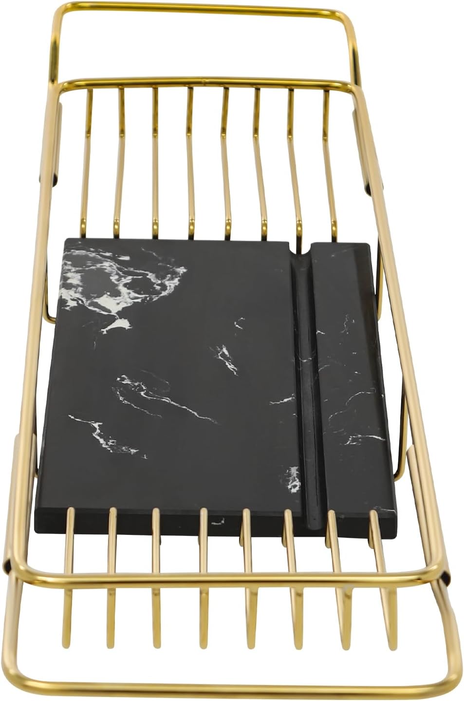 Bathtub Tray Caddy for Luxury Bath, Stainless Steel 26.8-35.4 in Expandable Extra Wide Bath Tub Tray with Natural Marble and Mobile/Tablet Stand, Ideal for Home Spa Lovers (Gold + Black)