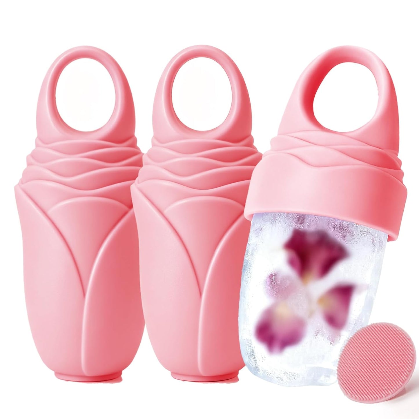 3 Pcs Facial Ice Roller Silicone Mold Reusable for Face Women and Eye Neck Cold Skin Care Tools Freezer De Puff Eyes Bags Reduce Migraine Pain Pink