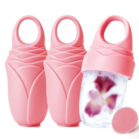 3 Pcs Facial Ice Roller Silicone Mold Reusable for Face Women and Eye Neck Cold Skin Care Tools Freezer De Puff Eyes Bags Reduce Migraine Pain Pink