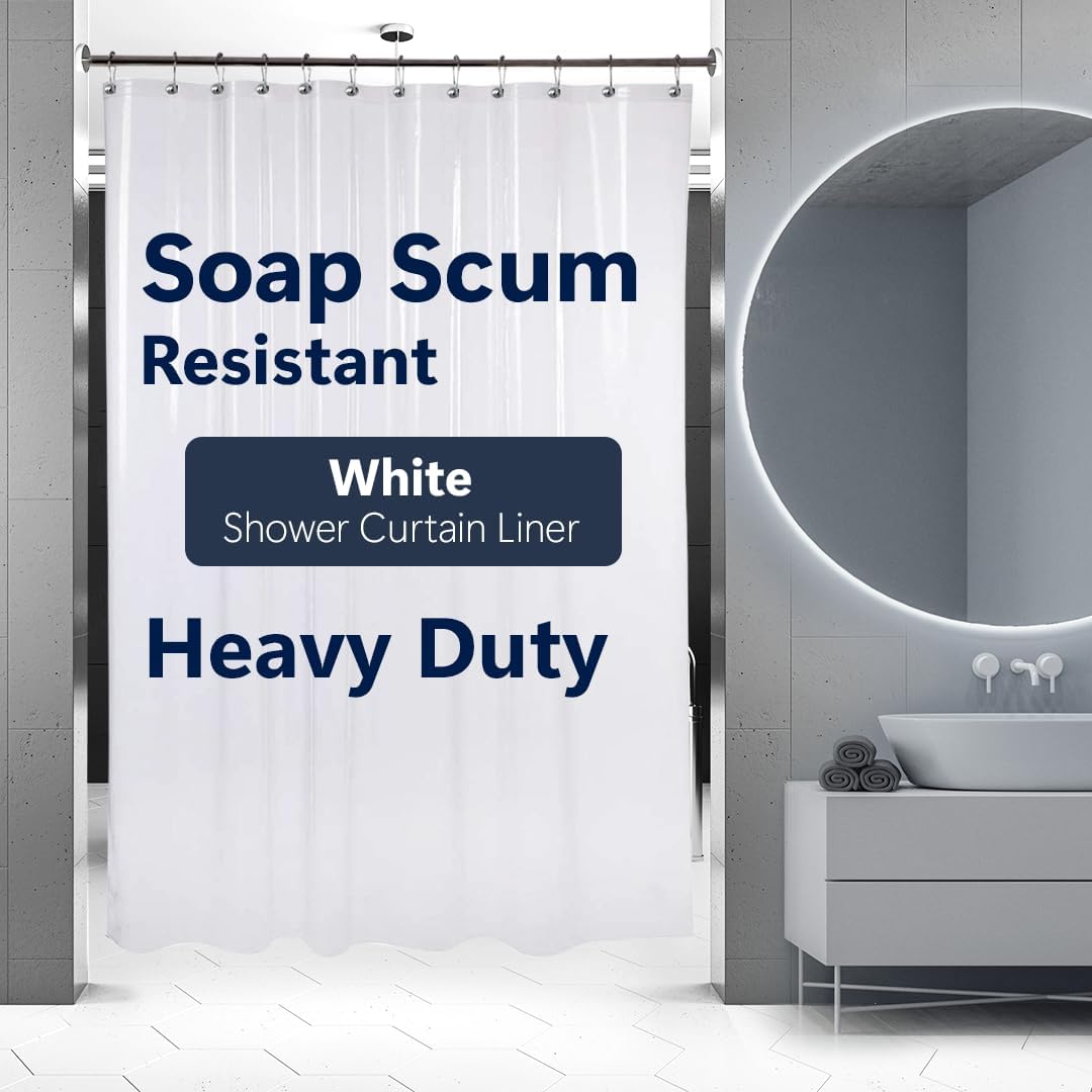 Epica Shower Curtain – Strongest Heavy-Duty Clear Vinyl 72x72 Shower Curtain Liner – Stain & Soap Scum Resistant with Rust-Proof Metal Grommets (White)