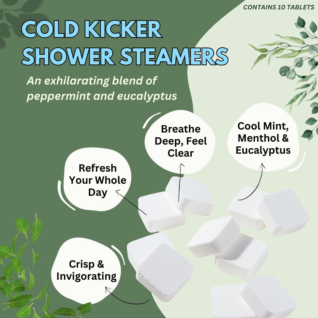 Cold Kicker Shower Steamers Aromatherapy for Sinus Relief - Adult Stocking Stuffer Christmas Gift - USA Made - Peppermint & Eucalyptus Shower Bomb Tablets - Soothing Natural Essential Oils (10 Pack)