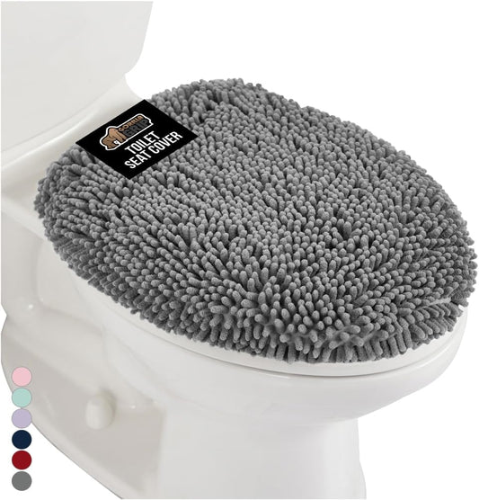 GORILLA GRIP Soft Chenille Bathroom Toilet Lid Cover, Machine Washable Seat Covers, 19.5x18.5, Stays in Place Rubber Backing, Fits Most Round, Elongated and Oblong Lids, Accessories Decor, Gray