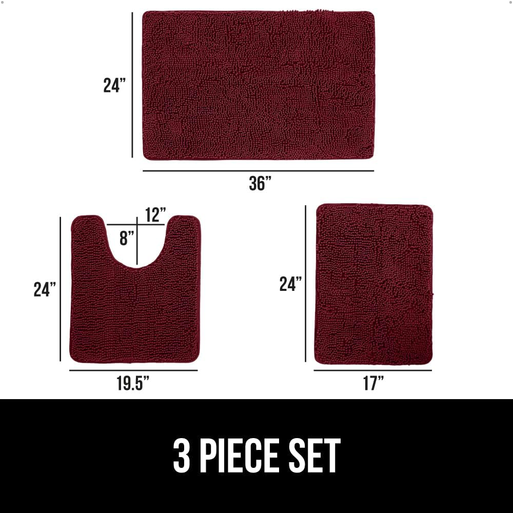 GORILLA GRIP Bathroom Rug Sets 3 Piece, Bath Mat Set and Oval Toilet Base with Rubber Backing, Plush Absorbent Shaggy Chenille Washable Mats, Includes 24x19.5, 24x17 and 36x24 Inch Rugs, Burgundy