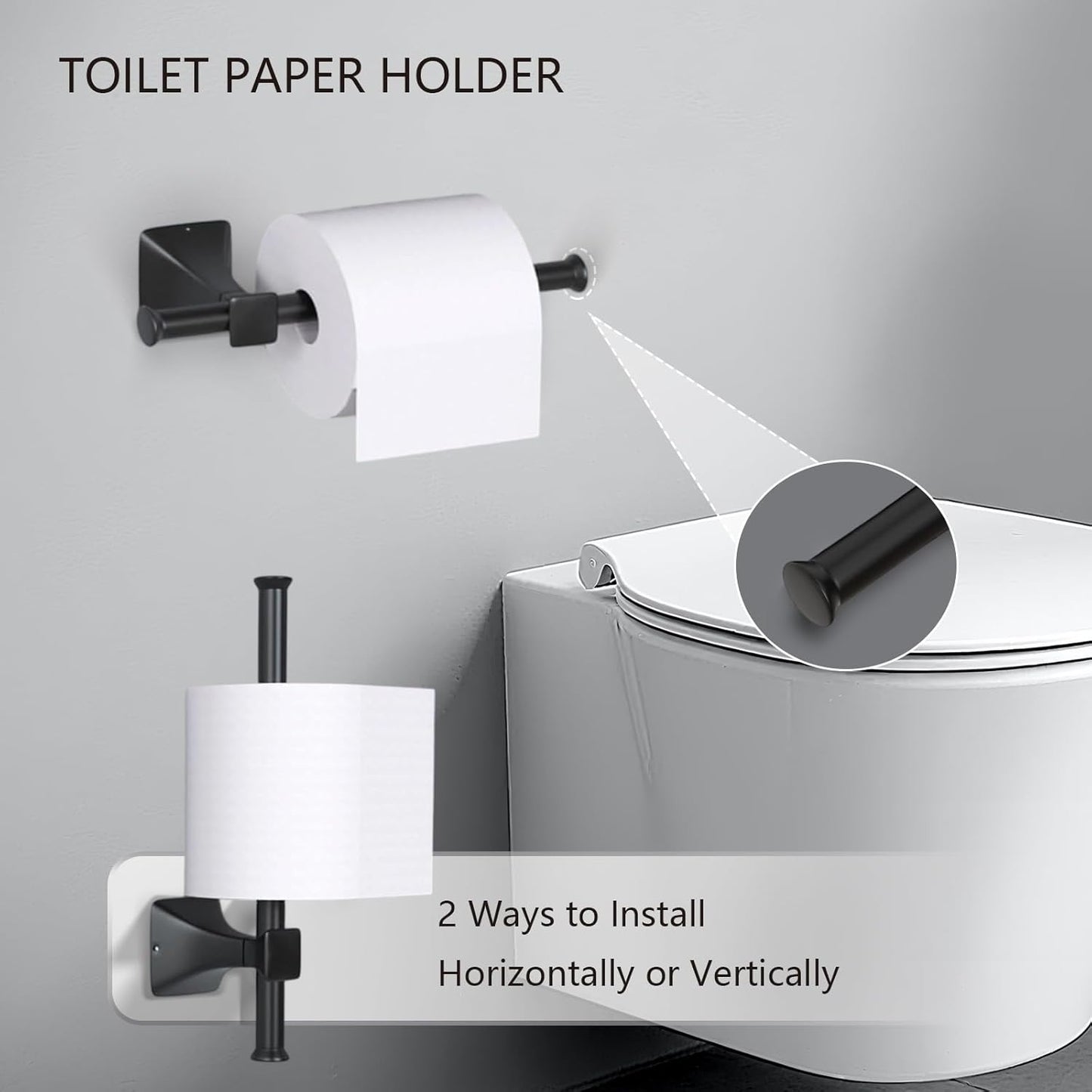 Matte Black Bathroom Hardware Set 5-Pieces, SUS304 Stainless Steel Bath Towel Bar Set Wall Mounted, Including Hand Towel Bar,Towel Ring, Toilet Paper Holder, 2Pcs Robe Towel Hook