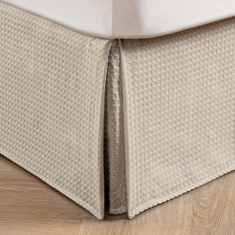 MIYE Pleated Waffle Weave Bed Skirt, Tailored Dust Ruffle 14 Inch Drop Easy Fit, Machine Washable,No Split Corners (Beige, Full - 14" Drop)