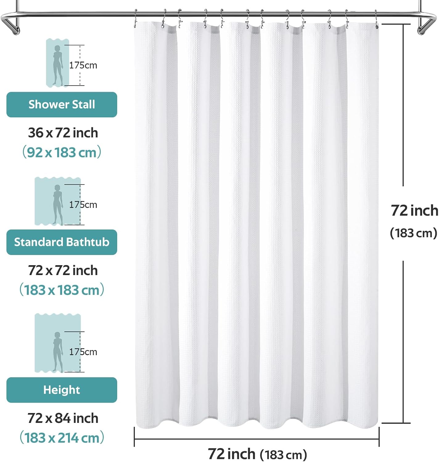 3 in 1 Shower Curtain Set, Waffle Shower Curtain and Liner Set with 12 Double Sided Shower Curtain Hooks, 258GSM Luxury Weighted Cloth Shower Curtains for Bathroom, 72 W x 72 H, White