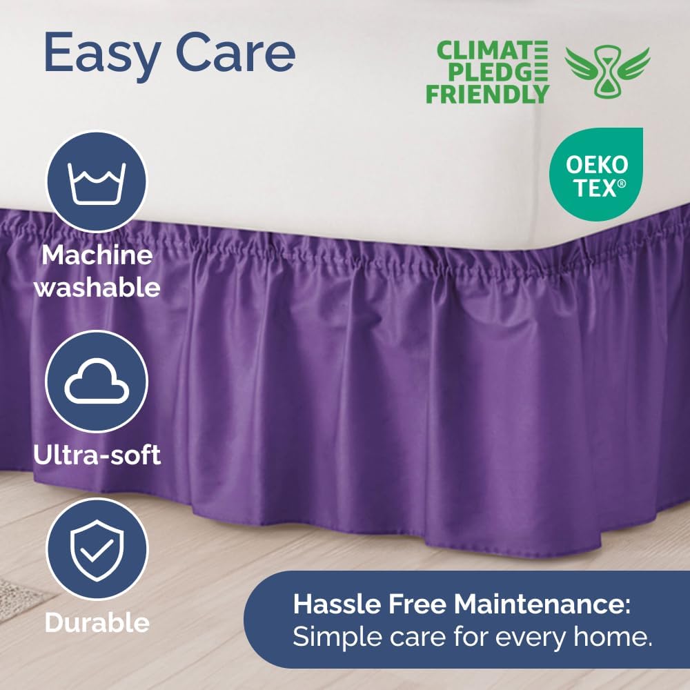 Wrap Around Dust Ruffle Bed Skirt - Purple - for Queen Size Beds with 18 Inch Drop - Easy Fit Elastic Strap - Adjustable Pleated Bedskirt w/Brushed Fabric Wrinkle Free - for Women, Men, Kids & Teens