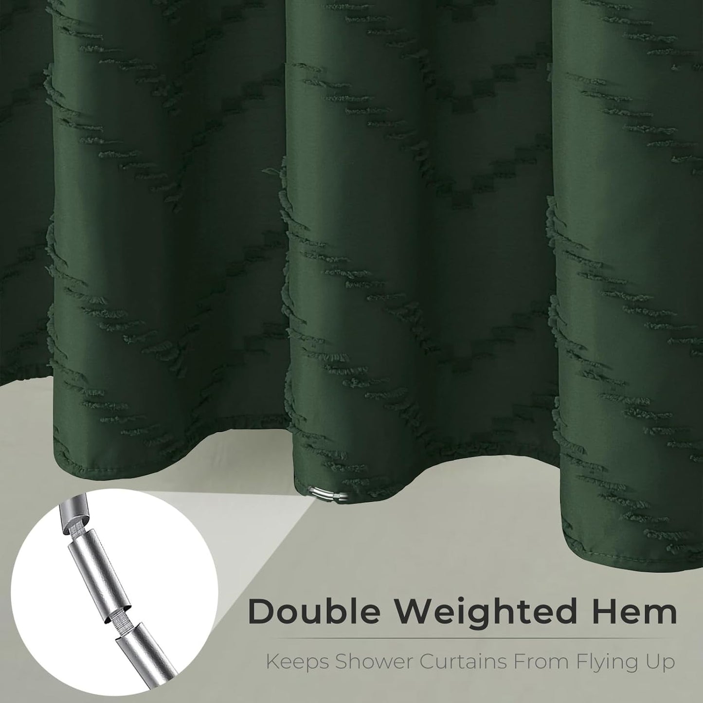 96inch Extra Long Dark Green Boho Shower Curtain Woven Fabric Shower Curtain Tufted Chervon Textured Shower Curtains Modern Minimalist Shower Curtains for Bathroom