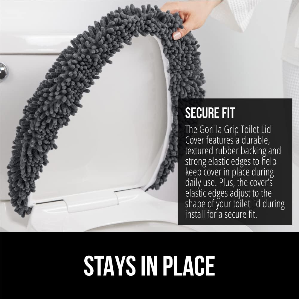GORILLA GRIP Soft Chenille Bathroom Toilet Lid Cover, Machine Washable Seat Covers, 19.5x18.5, Stays in Place Rubber Backing, Fits Most Round, Elongated and Oblong Lids, Accessories Decor, Charcoal