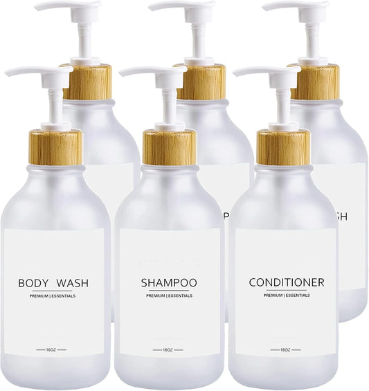 Frosted Plastic Shampoo and Conditioner Bottles, Apothecary Dispenser Bamboo Pump, Refillable Bottles for Shower Lotion, Oil, Hand Soap, Sanitizer, Liquid Soap, Set of 3 with 9 Labels (6, Matte Clear)