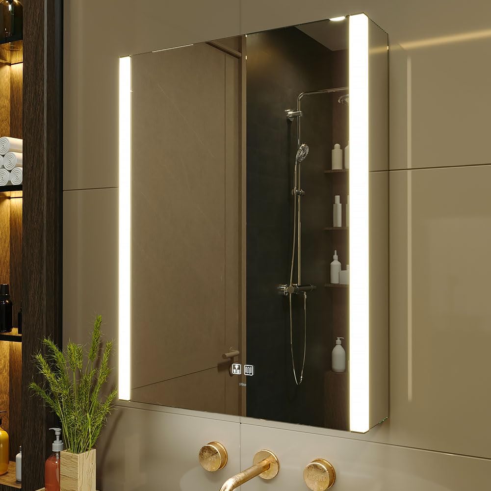 KWW LED Lighted Bathroom Medicine Cabinet with Sockets & USBs, Defogger, Dimmable, 3 Color Light Makeup Mirror, Easy to Install, Wall Mounted Cabinet (Left Hinge, 21 * 28)