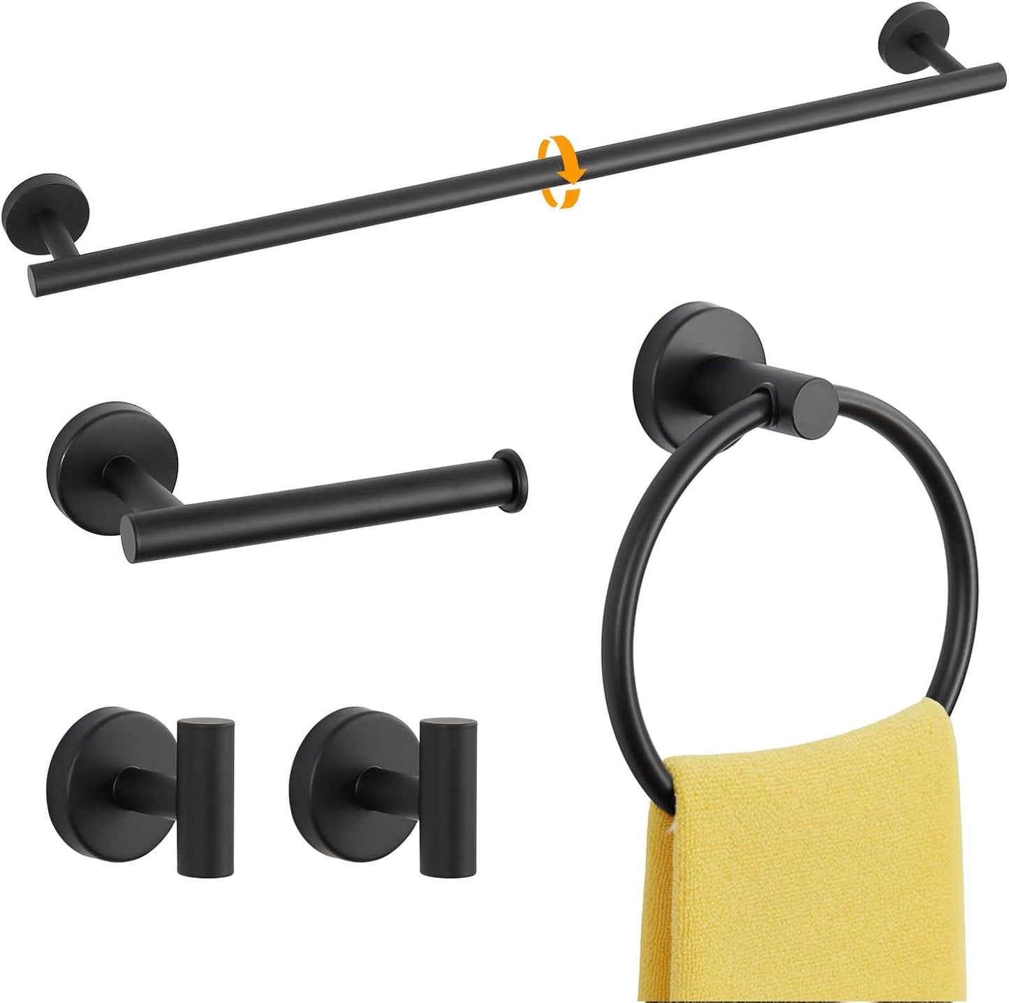 5-Piece Black Bathroom Hardware Set - 24 Inch Towel Bar, 2 Robe Towel Hooks, Toilet Paper Holder, Towel Ring, Wall Mounted Bathroom Accessories (Matte Black Finish)