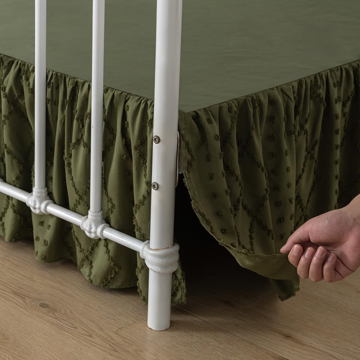 Bed Skirt Full Size Ruffled Bed Skirt with Split Corners, 12 Inch Drop Dust Ruffle Bed Skirts with Platform, Boho Tufted Shabby Chic Full Size Bed Skirts, Olive Green