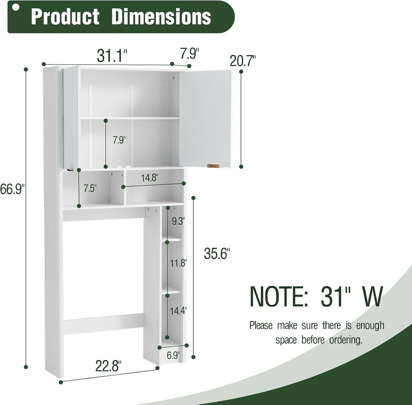 31" W Over The Toilet Storage Cabinet with Fluted Door, White Bathroom Organizer with Adjustable Shelf, Toilet Paper Holder Stand Wave Door for Restroom, Laundry Room