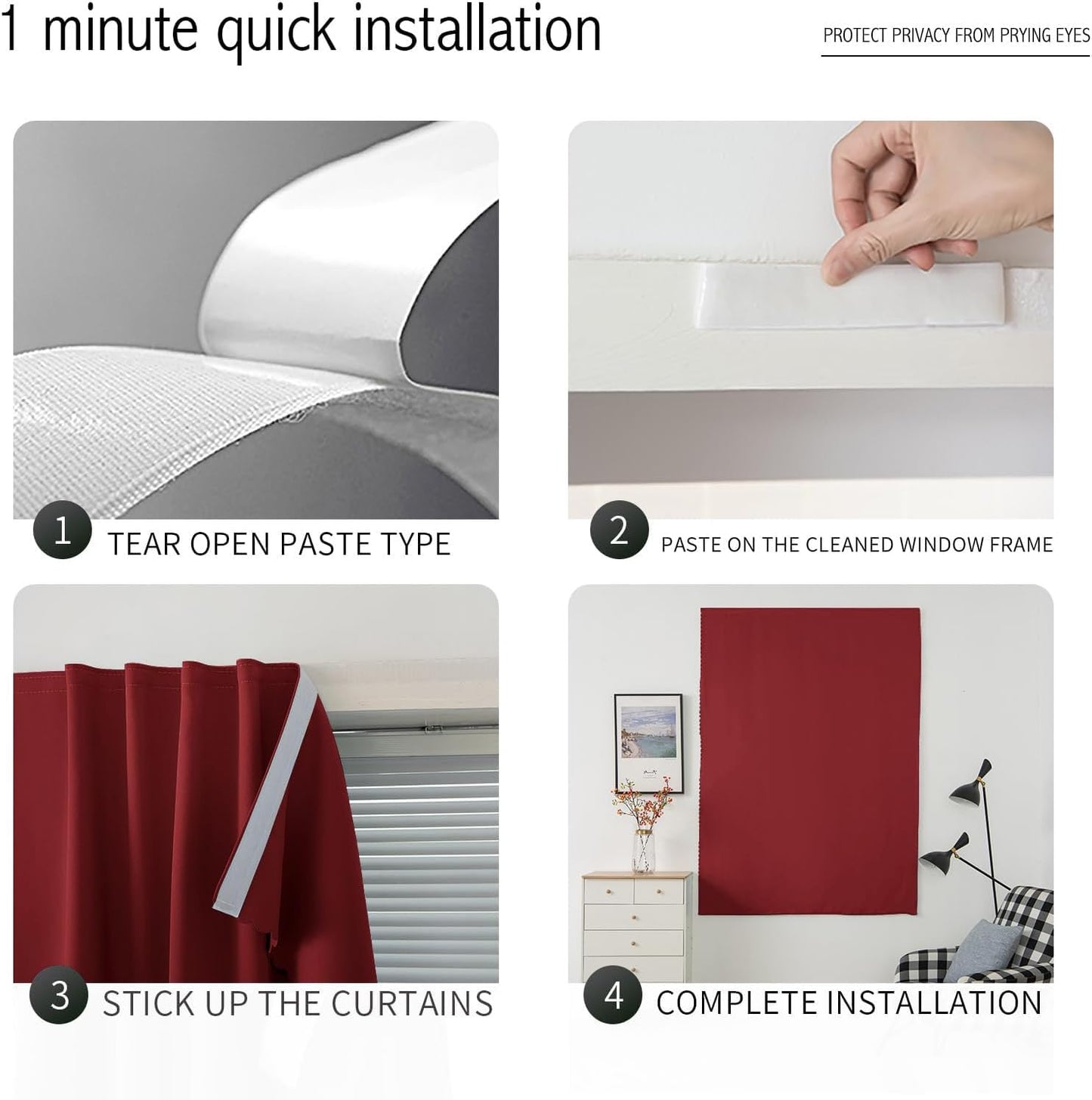 Self Adhesive Curtains, Stick Curtain Blackout Shades Window Cover Curtains for Living Room No Drilling, 47" W X 71" L, Burgundy, 1 Panel