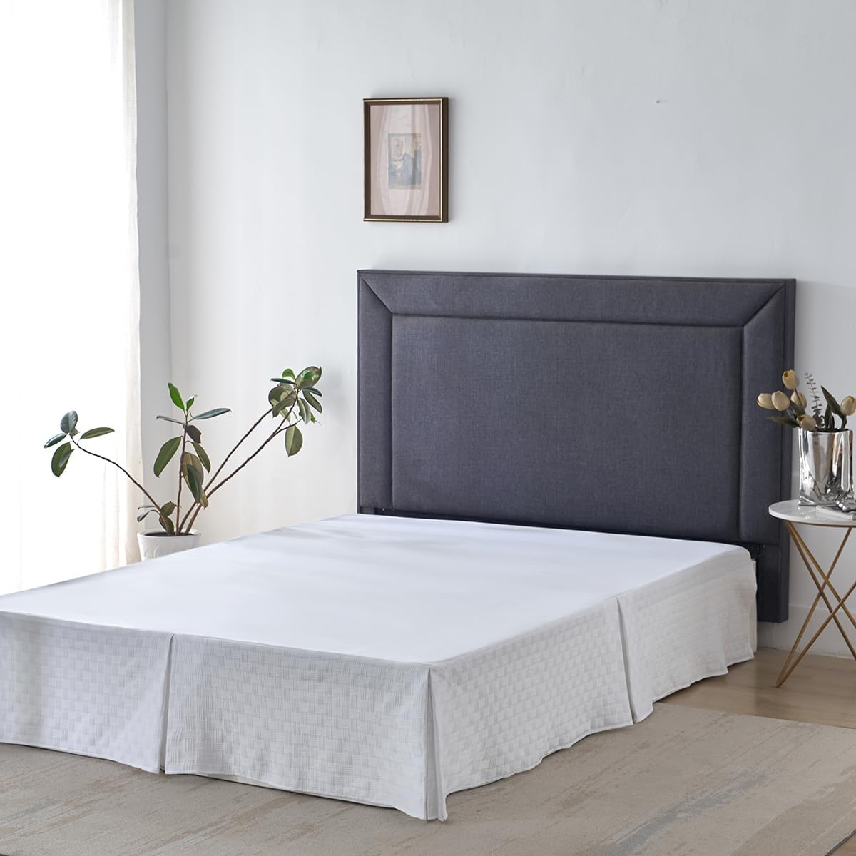 Full Size Bed Skirt, Pleated Knitted Jacquard Waffle Weave Striped Bed Skirt, Tailored Dust Ruffle 14 Inch Drop Easy Fit, Machine Washable (White, Full - 14" Drop)