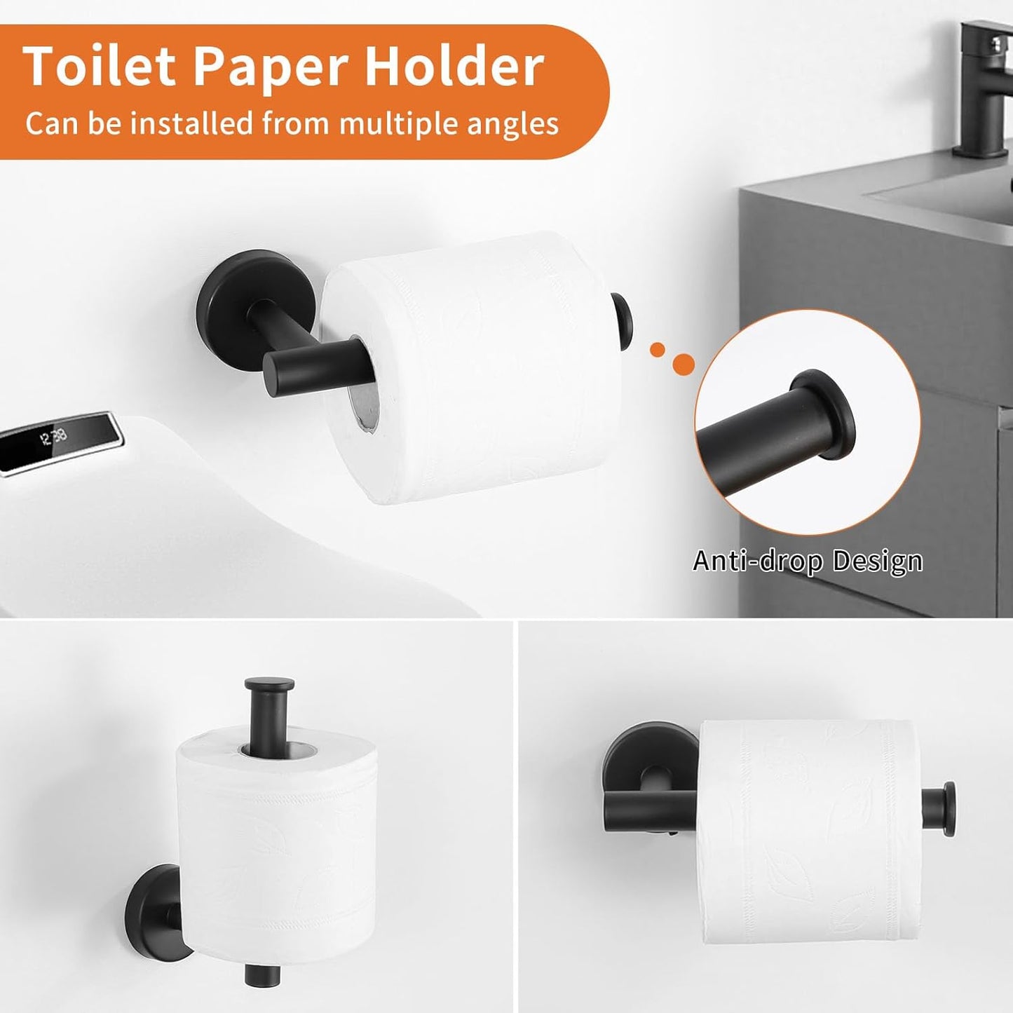 5-Piece Black Bathroom Hardware Set - 24 Inch Towel Bar, 2 Robe Towel Hooks, Toilet Paper Holder, Towel Ring, Wall Mounted Bathroom Accessories (Matte Black Finish)