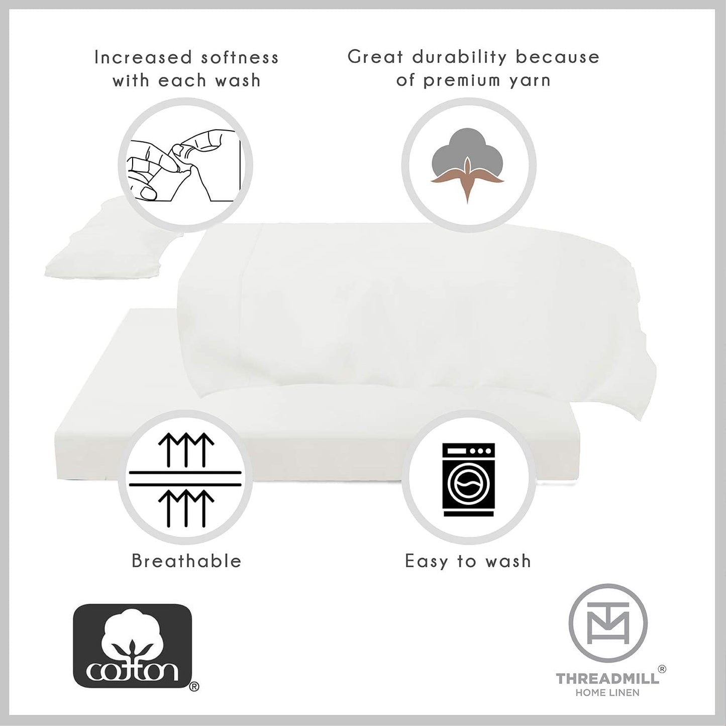 Threadmill - Twin Sheets Sets Soft 100% Cotton Cooling Sheets Deep Pocket Snug Fit Elastic, 500 Thread Count, 3-Pc, Hotel Quality Bed Sheets, Beats Egyptian Cotton Claim (Pure White)