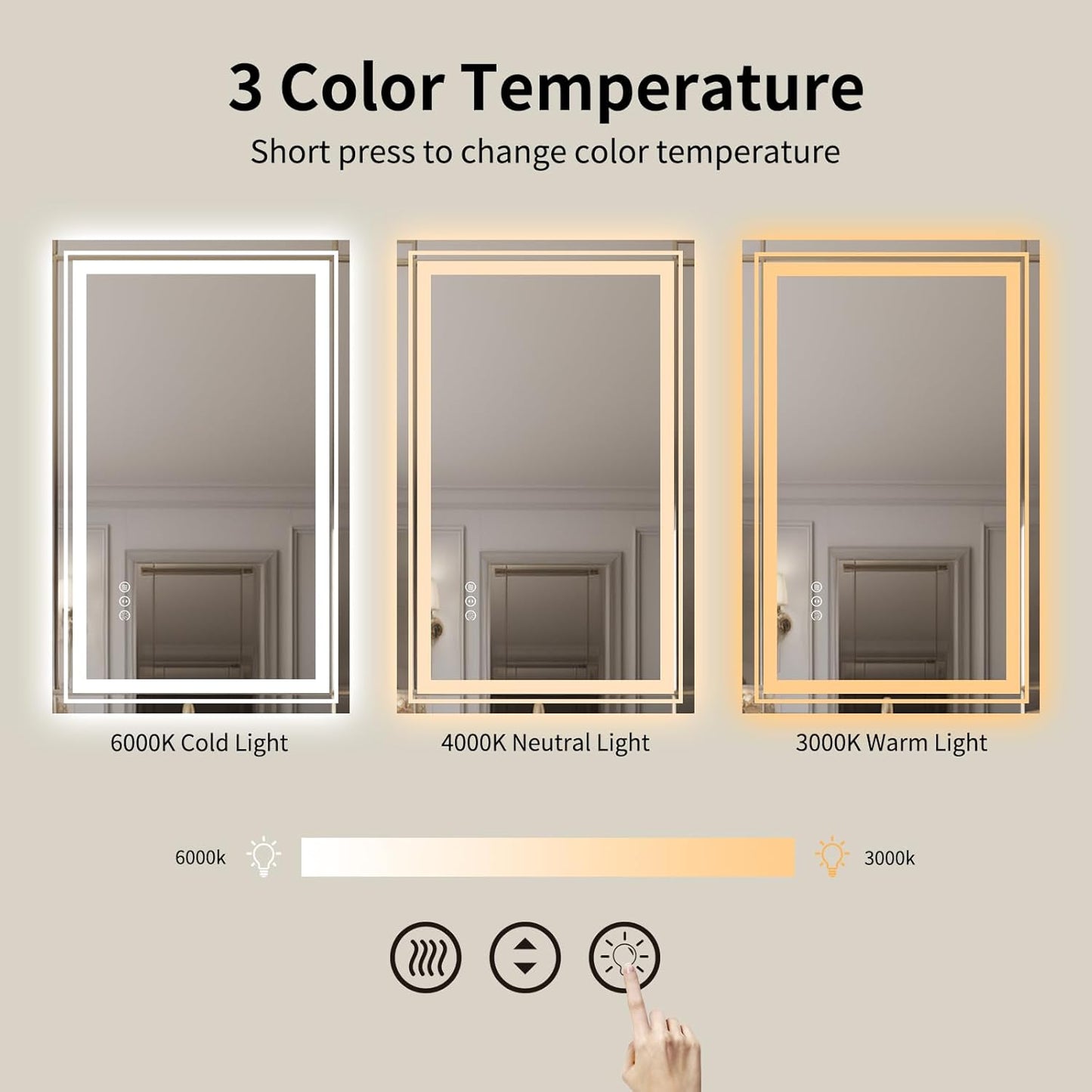 WTTY LED Bathroom Mirror with Backlit and Front Light,40"x24",Stepless Dimmable LED Mirror for Bathroom,Anti-Fog Lighted Bathroom Vanity Mirror Modern for Wall,Memory Function,Shatter-Proof