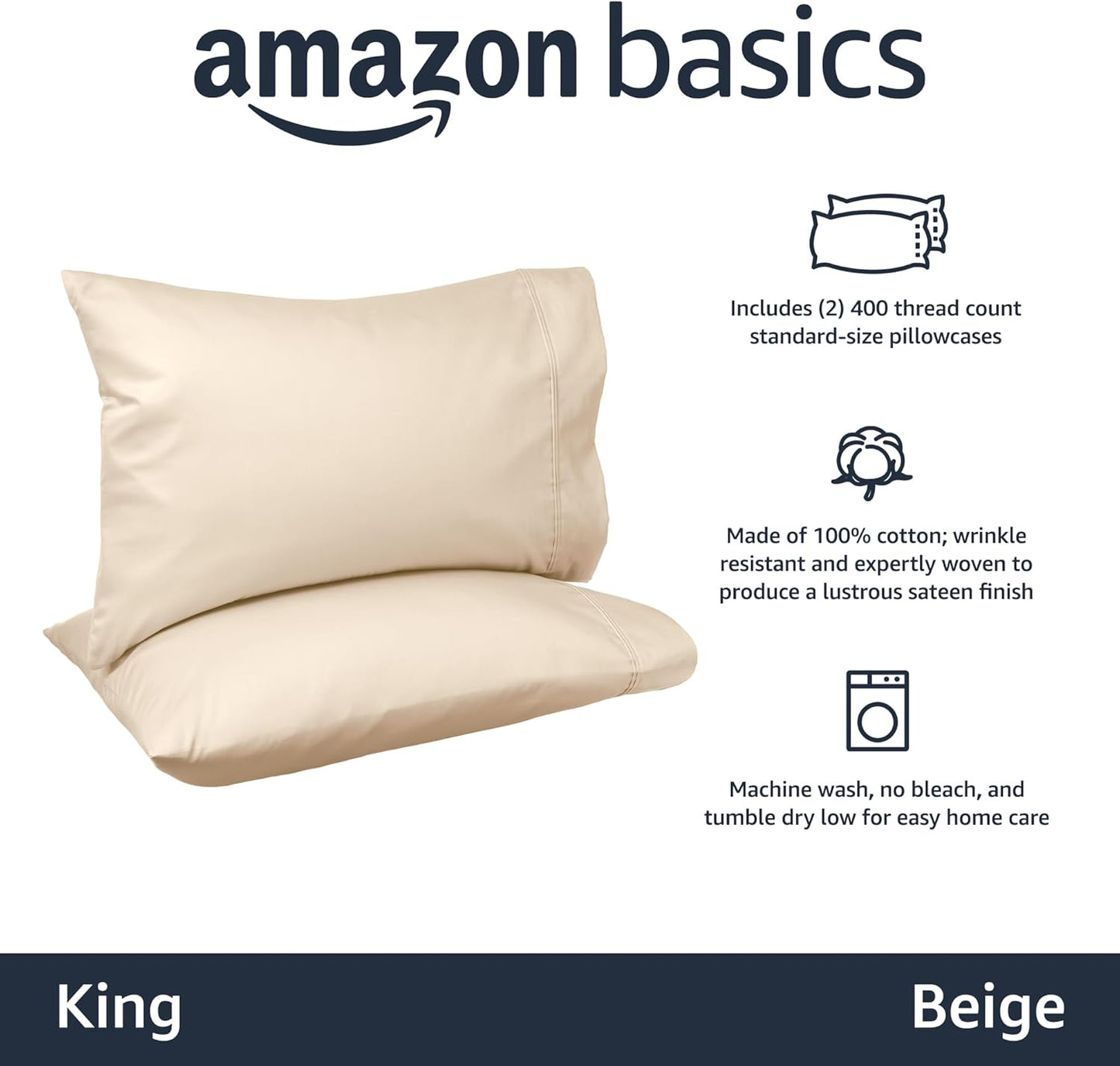 Amazon Basics 400 Thread Count Cotton Pillow Case, King, Set of 2, Beige, 40" L x 20" W, Pillows Not Included