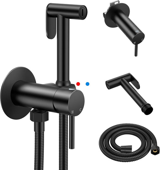 Arofa Built-in Hot and Cold Handheld Bidet Sprayer for Toilet, Black Warm Water Bidet with Adjustable Water Flow, Dual Control Mode Muslim Shower with Spray Hose for Feminine Wash, Wall Mounted