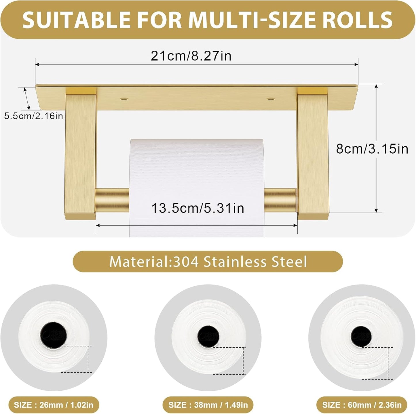 Brushed Gold Bathroom Toilet Paper Holder Wall Mount, Stainless Steel Commercial Toilet Paper Dispenser Paper Towel Holder, Large Bathroom Toilet Tissue Roll Holder