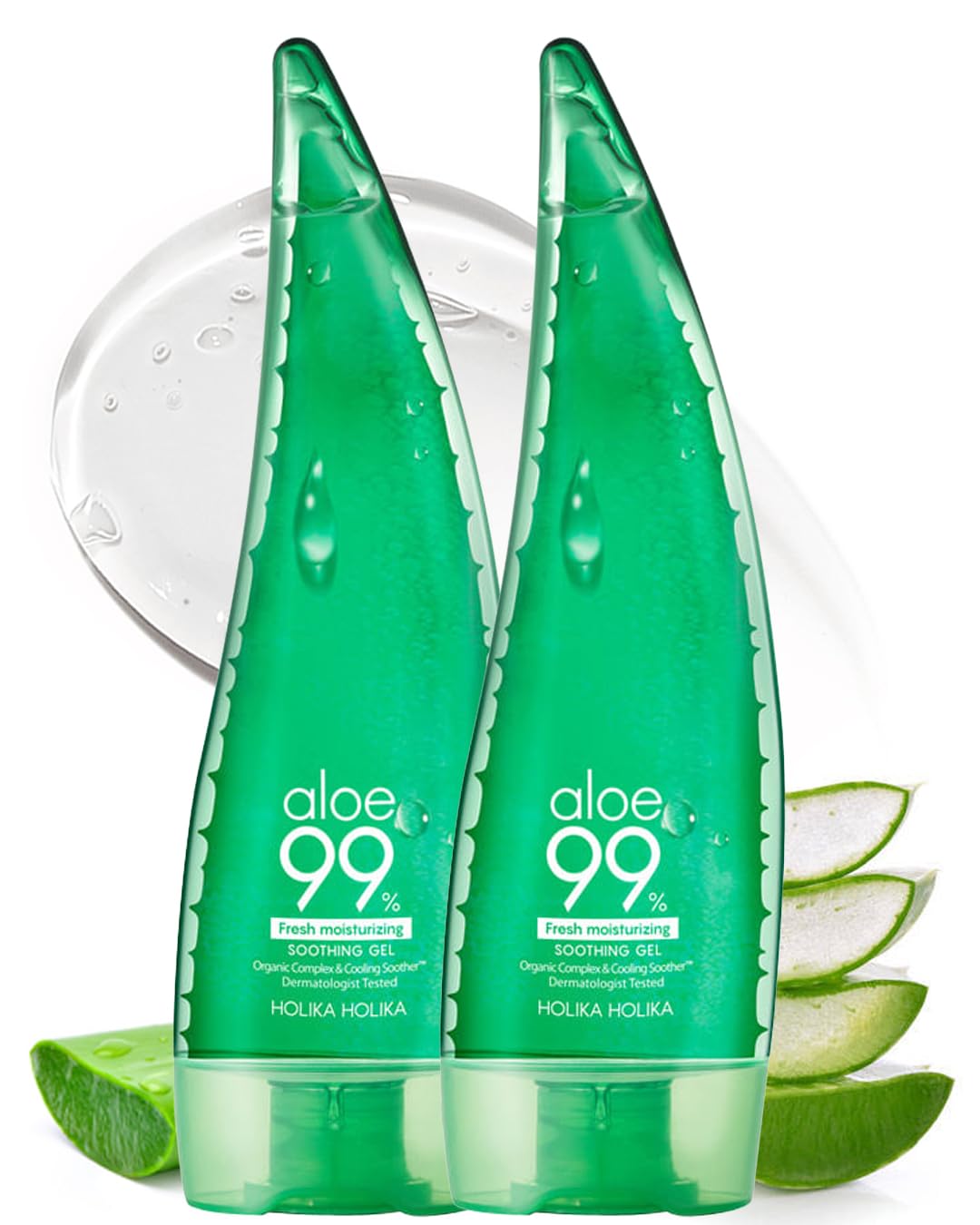 HOLIKA HOLIKA Aloe 99% Soothing Gel Fresh Moisturizing, 8.5 Ounce, 250ml 2 Pack - No Sticky 99% Aloe Vera Sunburn Relief - Moisturizing, Fast Absorbing for Face, Skin, Body&Hair