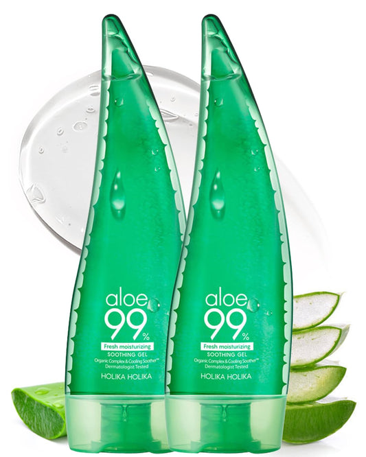 HOLIKA HOLIKA Aloe 99% Soothing Gel Fresh Moisturizing, 8.5 Ounce, 250ml 2 Pack - No Sticky 99% Aloe Vera Sunburn Relief - Moisturizing, Fast Absorbing for Face, Skin, Body&Hair
