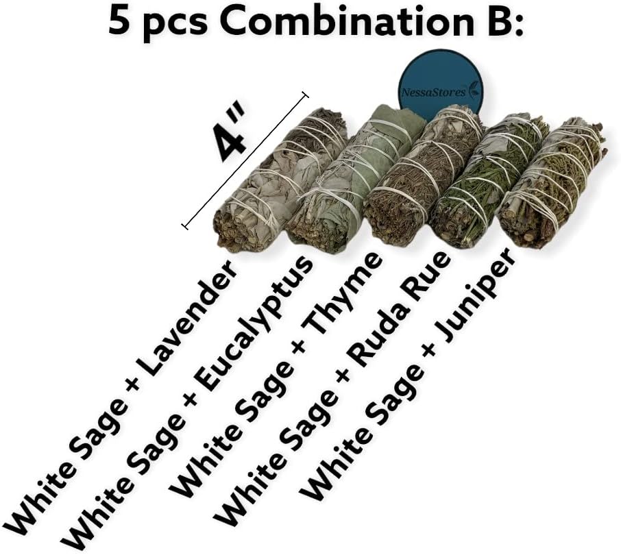 NESSASTORES - White Sage Mixture Smudge Sampler Kit 4" Bundles #JC-230 (18 Kits, 5 pcs Combination B)
