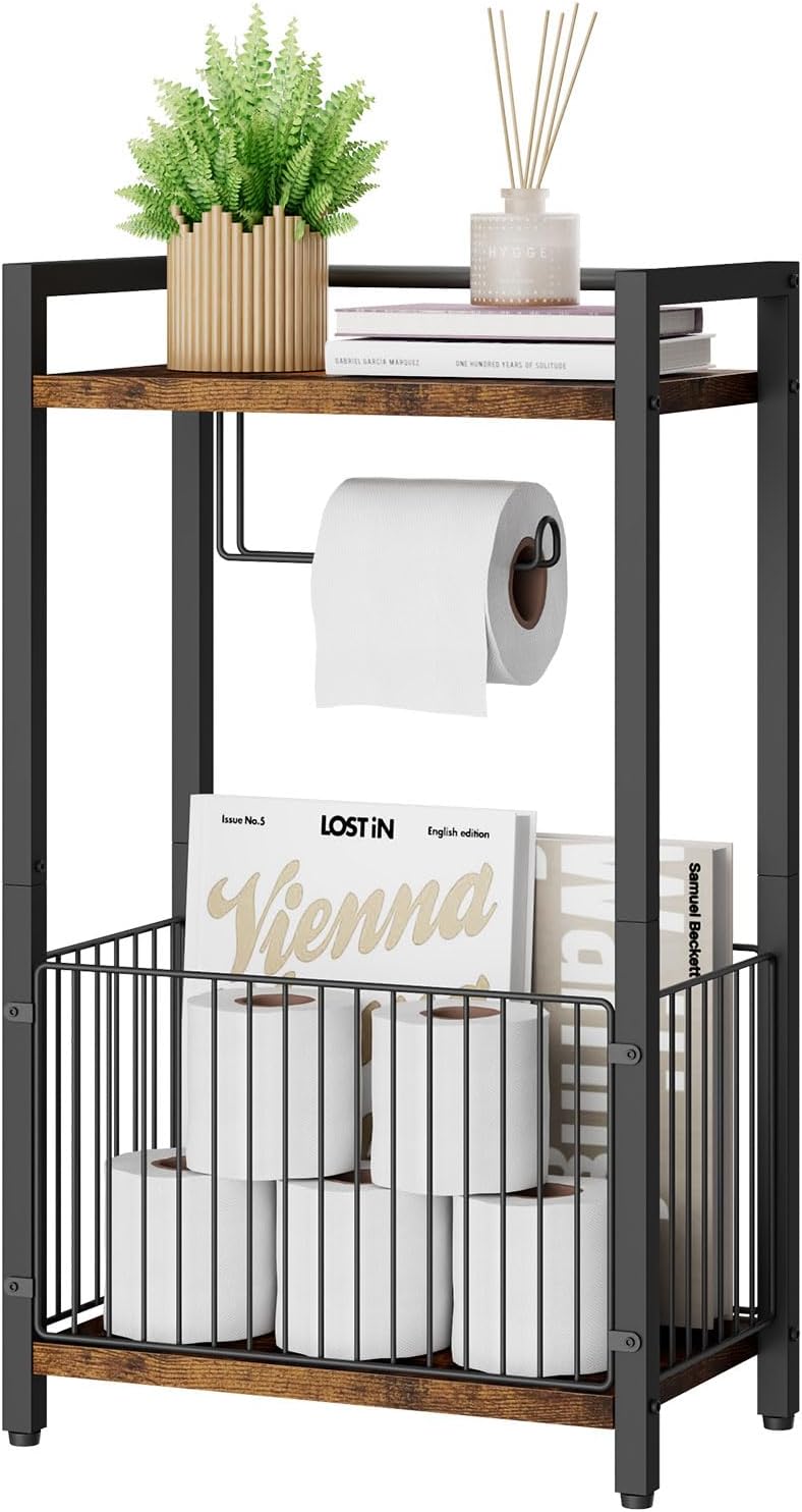 IBUYKE Freestanding Toilet Paper Holder Stand with Storage Shelf,Bathroom Toilet Tissue Roll Dispenser with Extra Space for Rolls, Magazines, Wet Wipes Brown TLJ020H