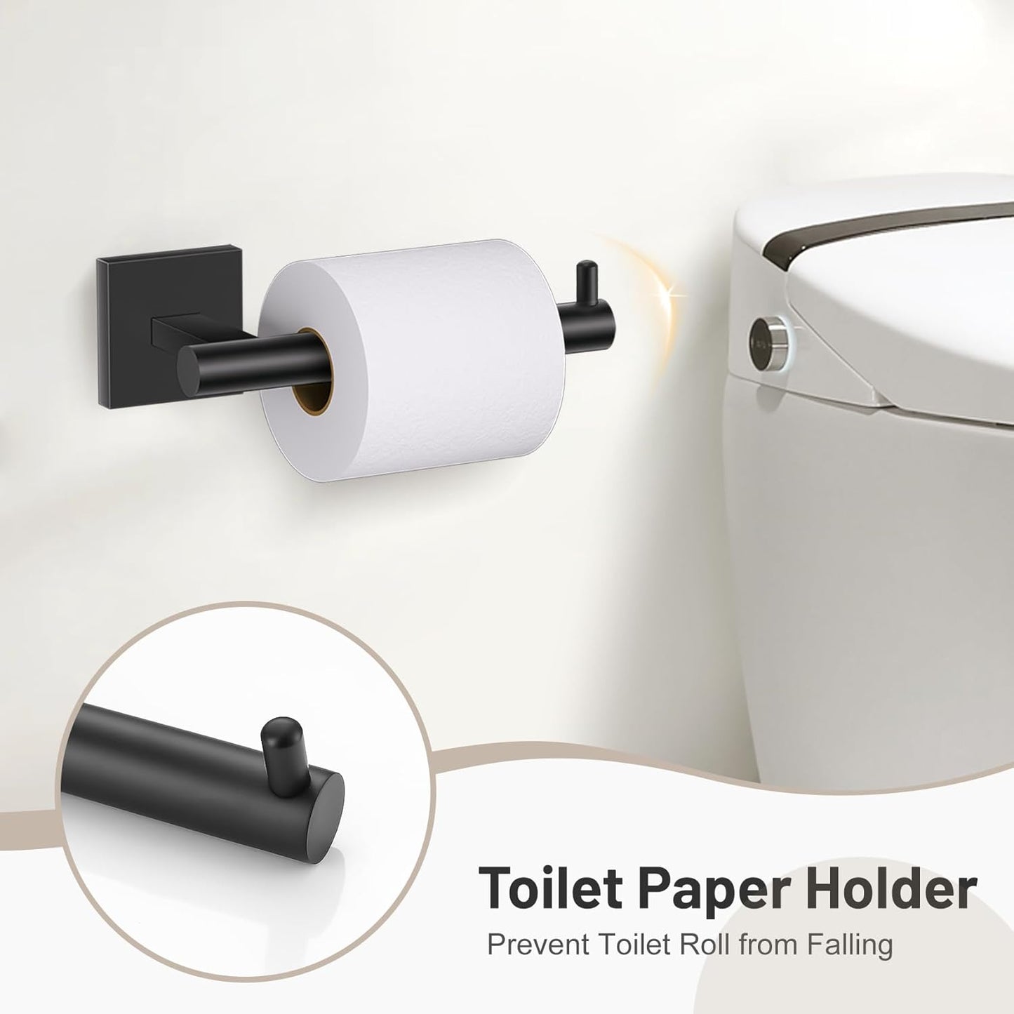 5 Pieces Bathroom Hardware Set Matte Black Towel Bar Set Includes 23.6” Towel Bar, Towel Ring Holder, Toilet Paper Holder and Two Towel Hooks, Bathroom Accessories Set SUS304 Wall Mounted