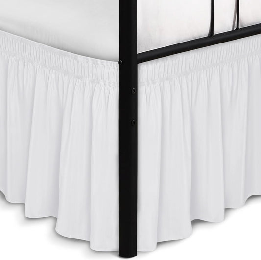 Biscaynebay Wrap Around Bed Skirts with Split Corners for King Beds 17" Drop, White Elastic Dust Ruffles Adjustable Easy Fit Wrinkle & Fade Resistant Silky Luxurious Fabric Machine Washable