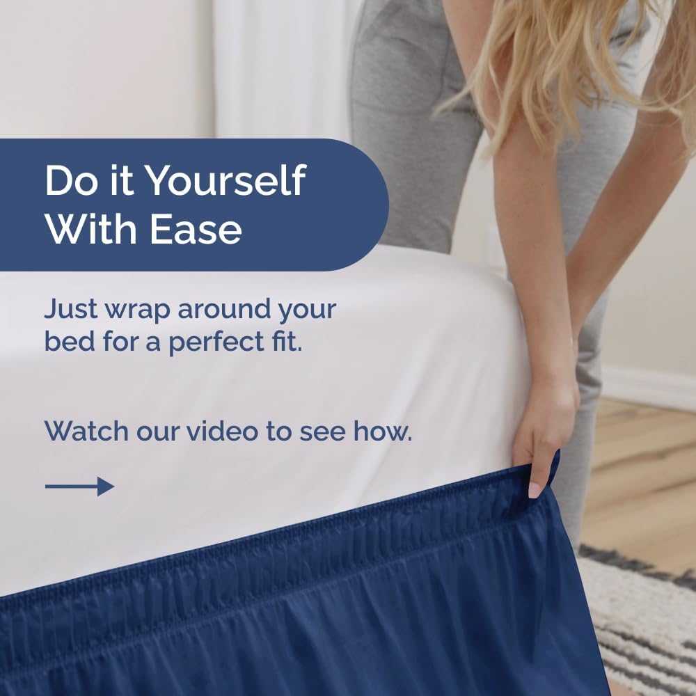 Wrap Around Dust Ruffle Bed Skirt - Navy Blue - for Full Size Beds w/ 16 Inch Drop - Easy Fit Elastic Strap - Adjustable Pleated Bedskirt with Brushed Fabric, Wrinkle Free Women, Men, Kids and Teens