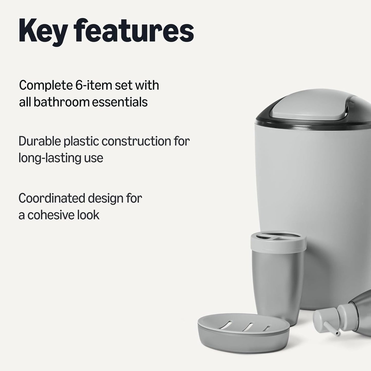 Amazon Basics 6 Pieces Bath Coordinate Set with Toothbrush Holder, Soap Dispenser and Soap Dish, Toothbrush Cup, Trash Can and Toilet Brush & Holder, Grey